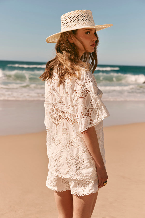 White Embroidered Cutwork Button Up Cielo Shirt