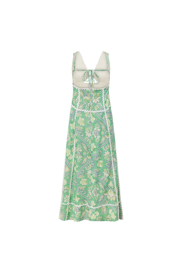 Green Floral Heritage Print V Neck Maxi Evia Dress
