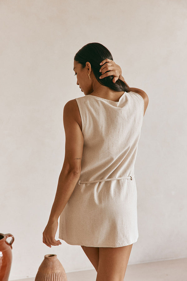 Beige Button Up Mini Alianna Dress