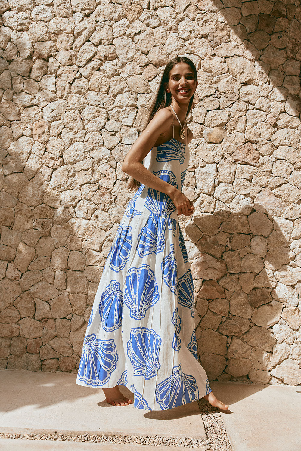 Bette Thin Strap Maxi Dress - Seashell Print, Blue, White
