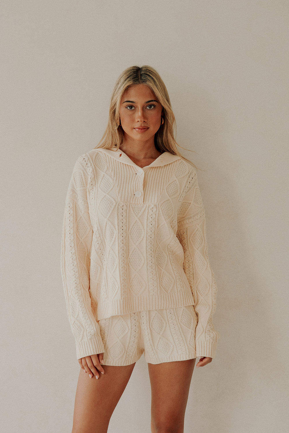 Cream Cable Knit Long Sleeve Collar Holli Sweater