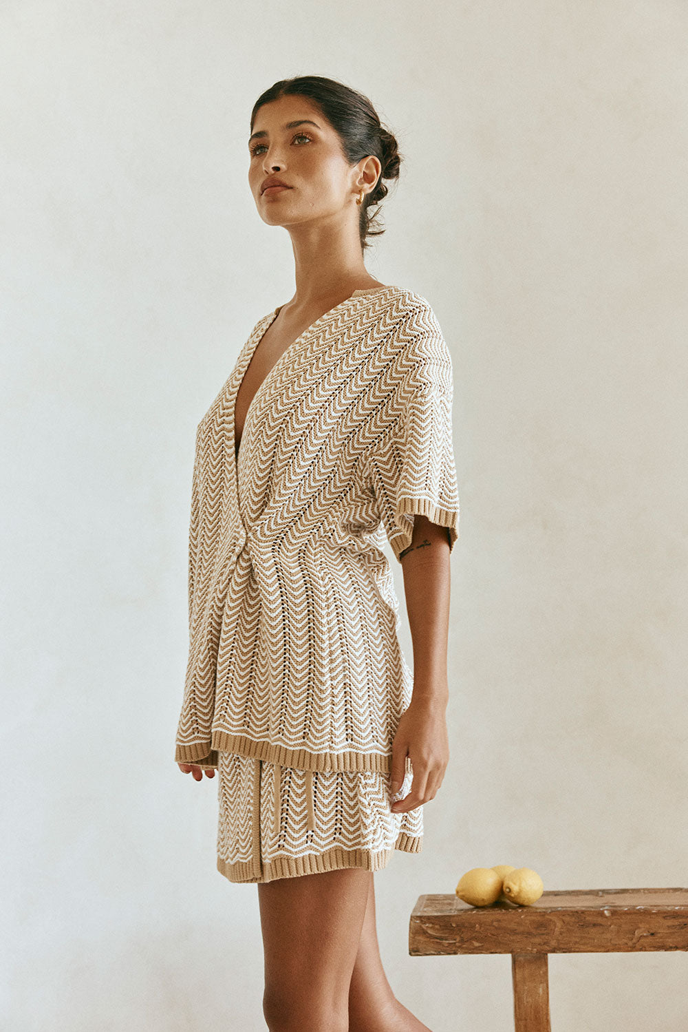 Tan Short Sleeve Button Reims Top