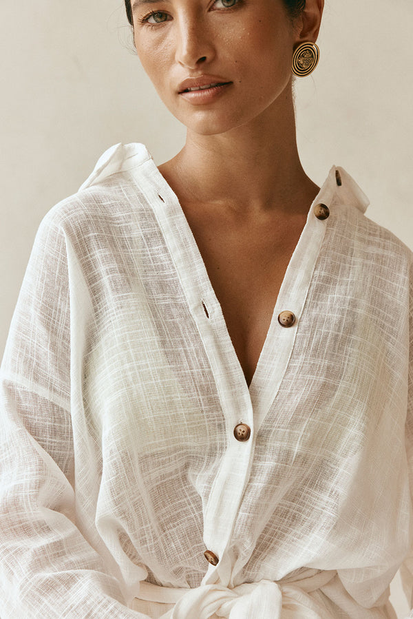 White Long Sleeve Button Collar Orazio Dress