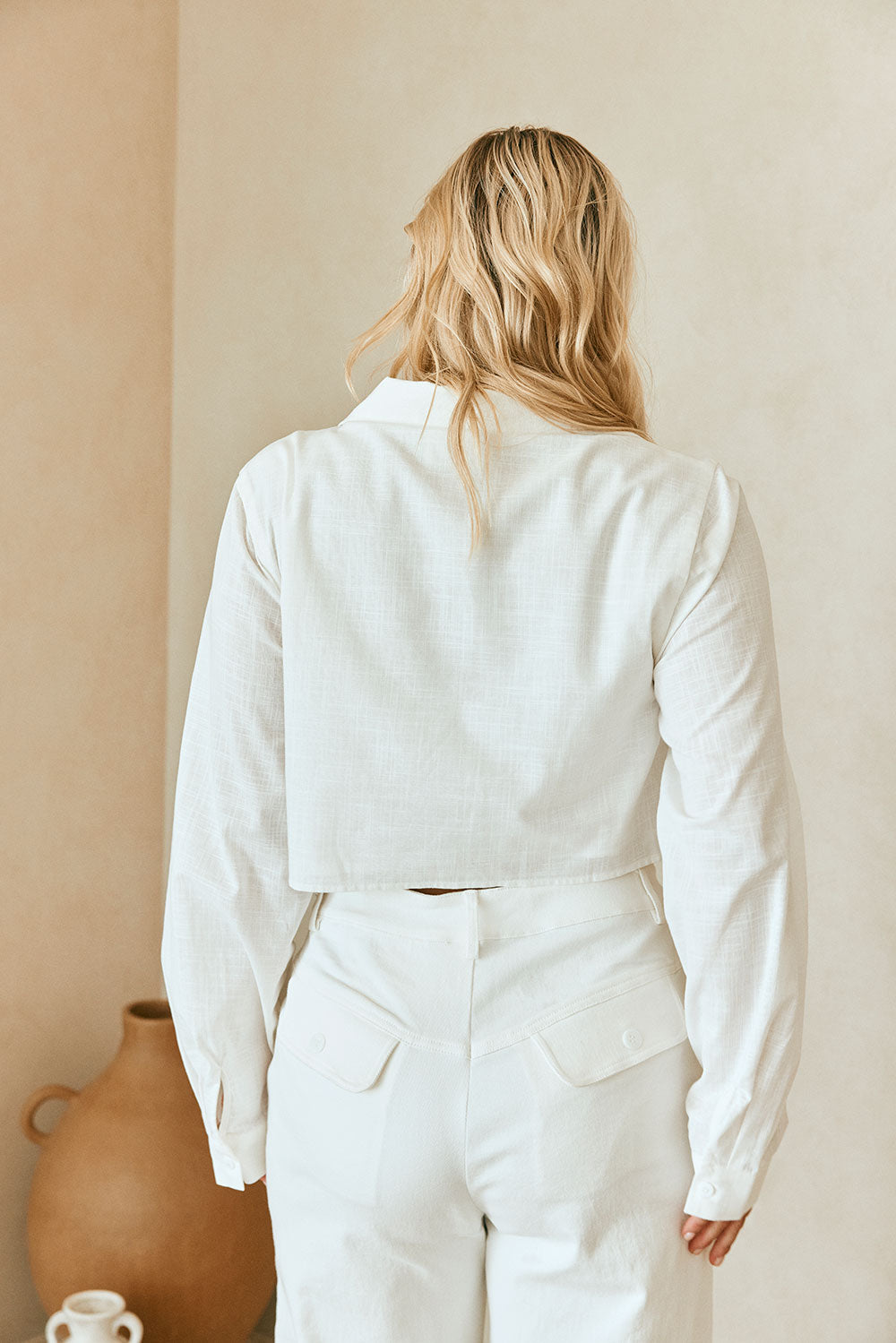 White Long Sleeve Button Up Collar Cori Crop Top