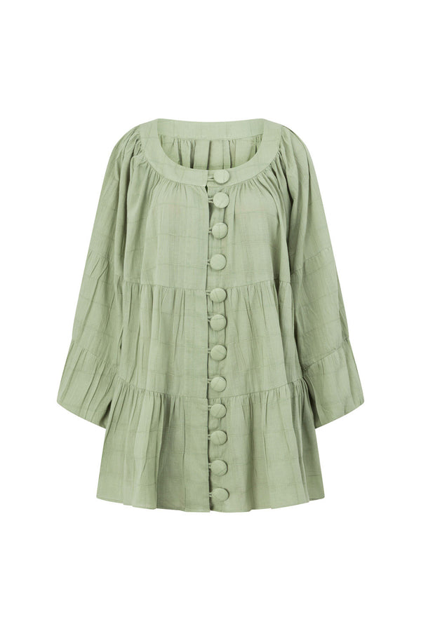 East Button Flounce Mini Dress - Green