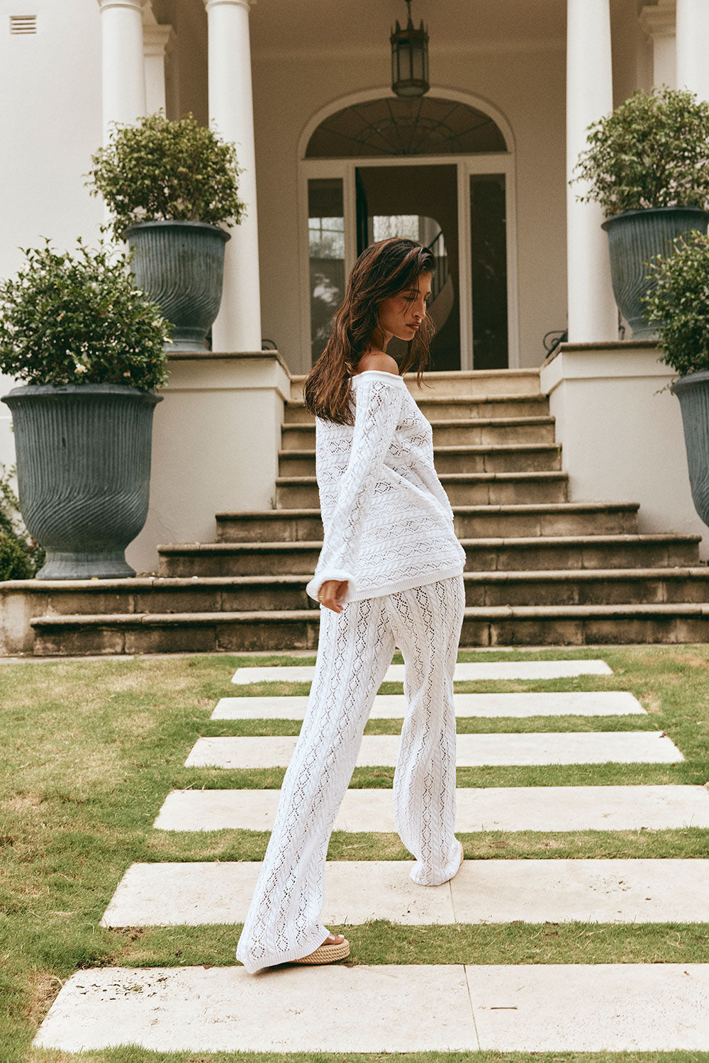 Cierra Off Shoulder Long Sleeve Top - White Knit