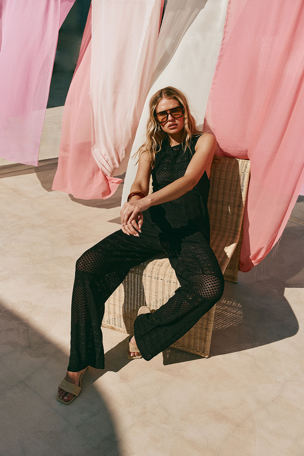 Black Crochet Knit High Waist Dillan Pants