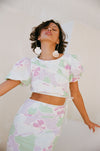 Elika Crop Puff Sleeves Top - Misty Floral Pink Purple Green