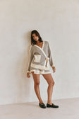 Grey and White Knit V Neck Wrap Chester Sweater
