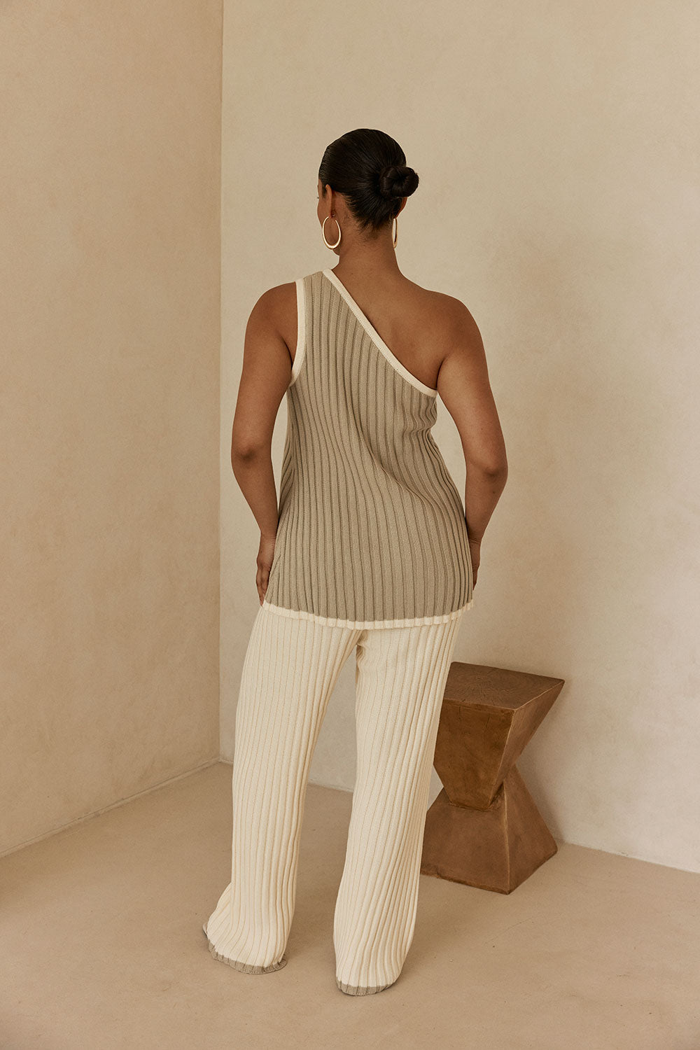 Stone Grey Ribbed Cotton One Shoulder Aylani Top