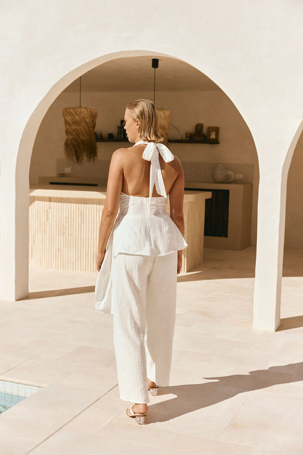 White Cotton V Neck Halter Arlet Jumpsuit