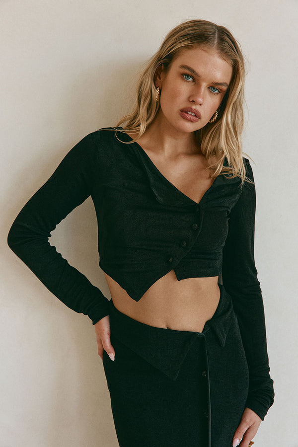 Black Asymmetric Button Up Cropped Indi Top