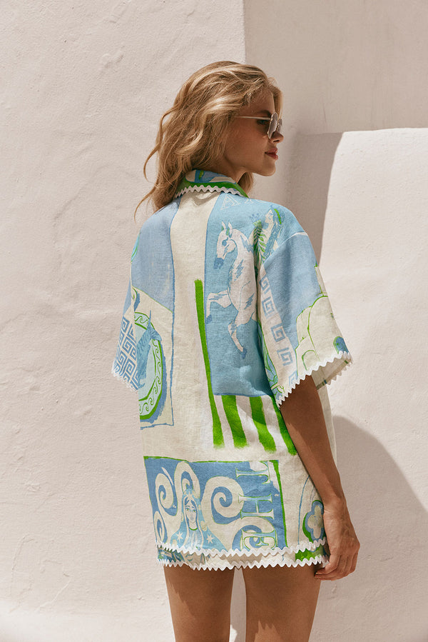 Blue Theotokos Ocean Button Up Collar Diaz Top