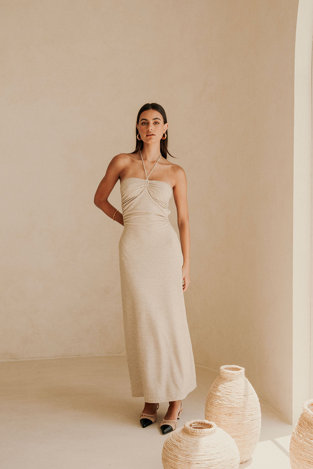 Beige Backless Halter Neck Naisha Dress