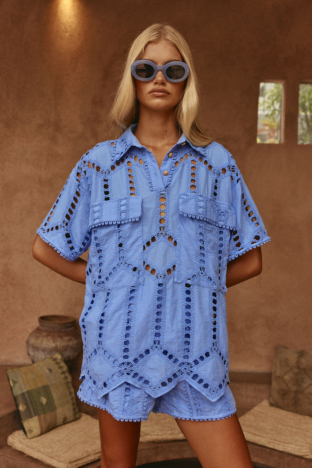 Blue Cotton Cutwork Button Up Alyce Shirt – SABO
