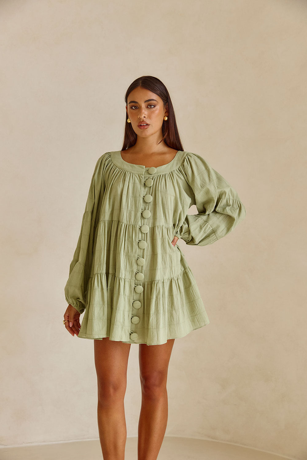 East Button Flounce Mini Dress - Green
