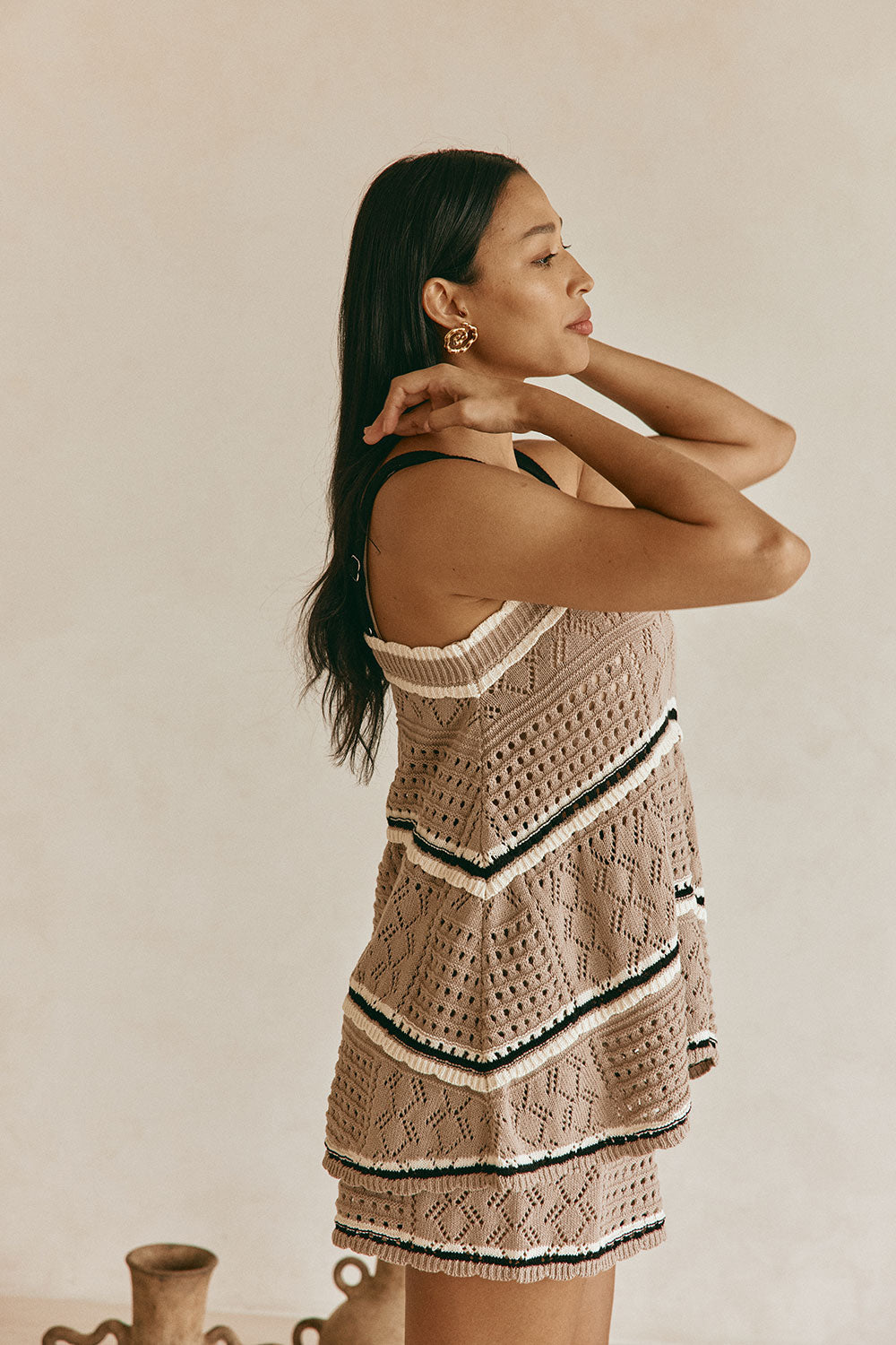 Brown Crochet Knit Cami Eleza Top