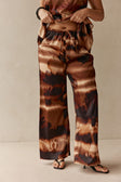 Brown Mirage Bloom Print Satin Elastic Drawstring Fabi Pants