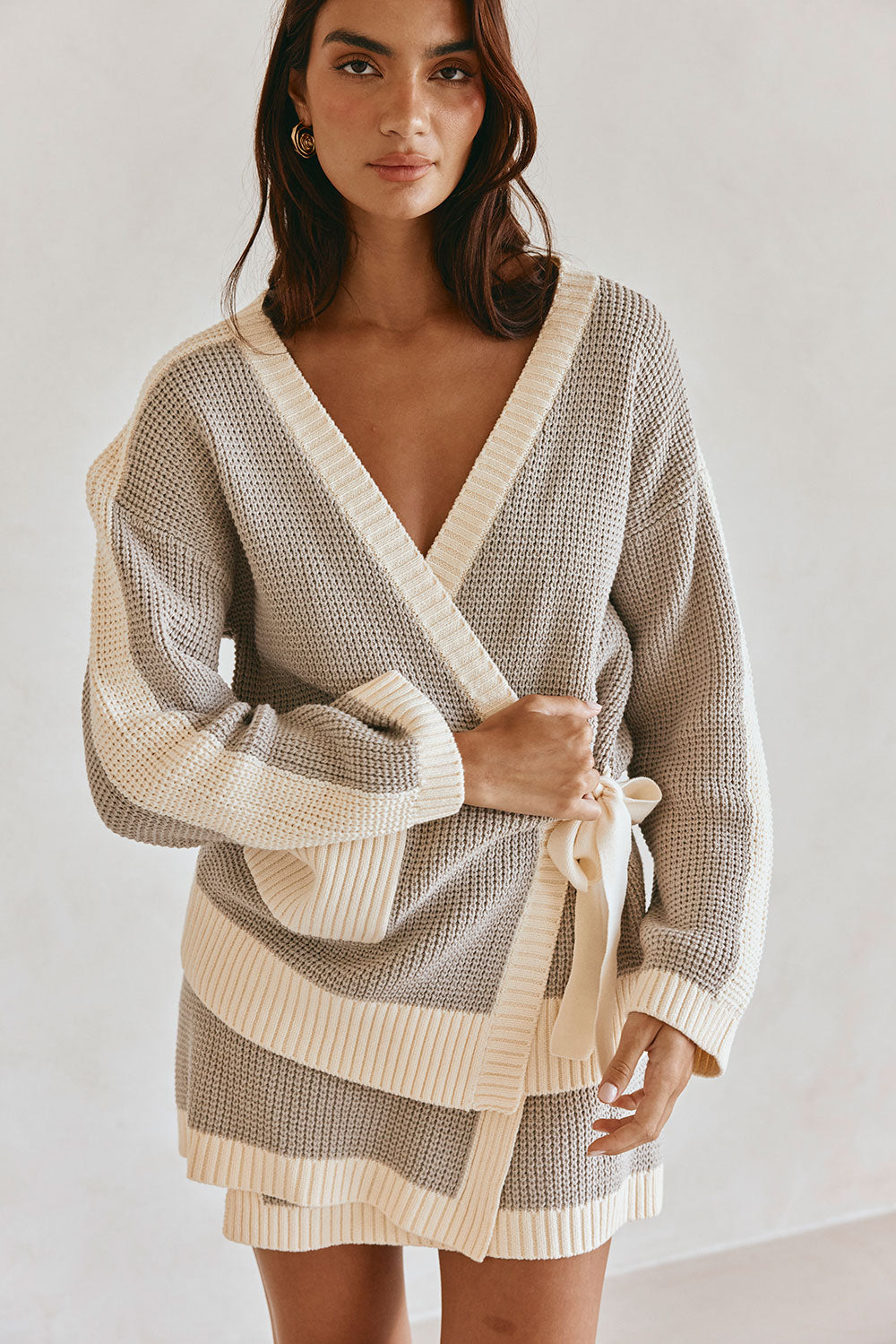 Grey and White Knit V Neck Wrap Chester Sweater