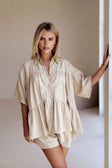 Beige Short Sleeve Button Up Collar Luna Top