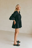 Ava Flounce Long Sleeve Mini Tie Dress - Black