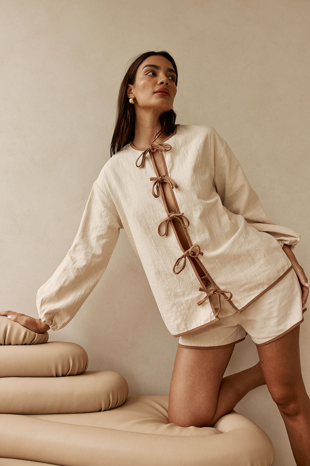 Beige Puff Sleeve Front Tie Paloma Top – SABO
