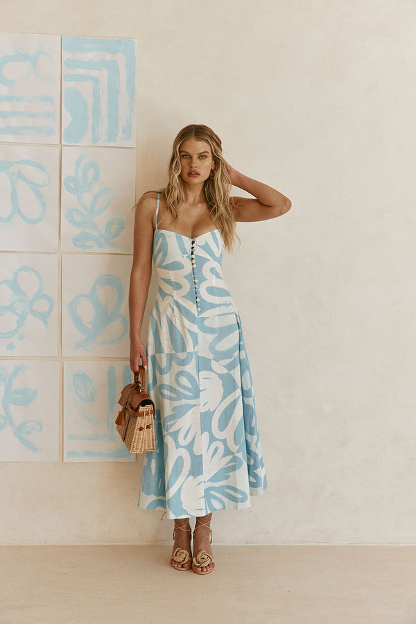 Blue Oceana Curve Print Button Strappy Maxi Jayla Dress