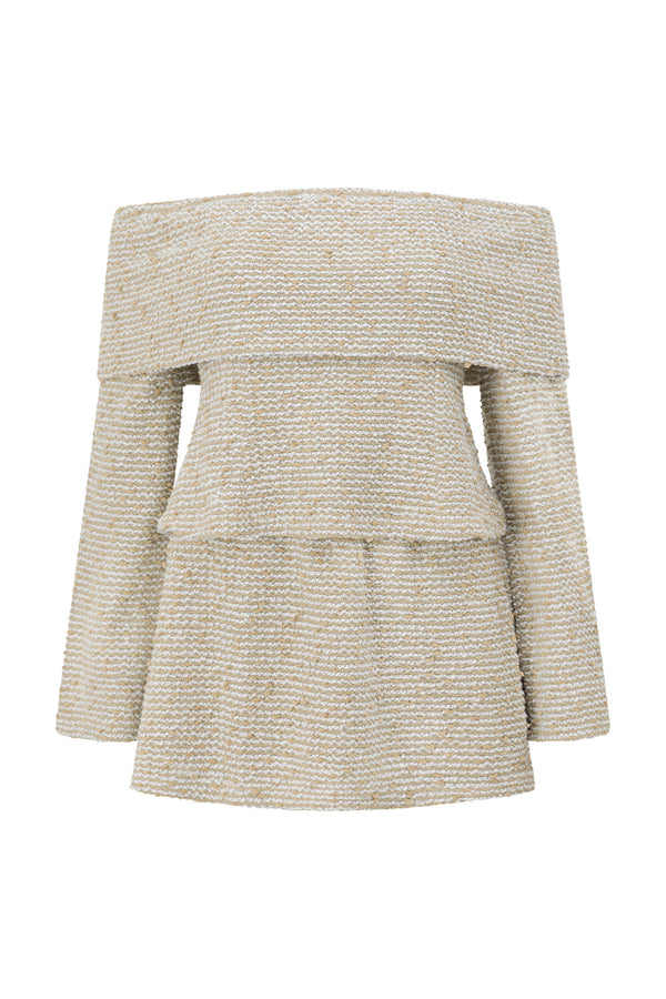 Tan Boucle Off Shoulder Mini Morella Dress