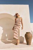 Brown and Tan Zig Zag Stripe Halter Maxi Bexley Dress