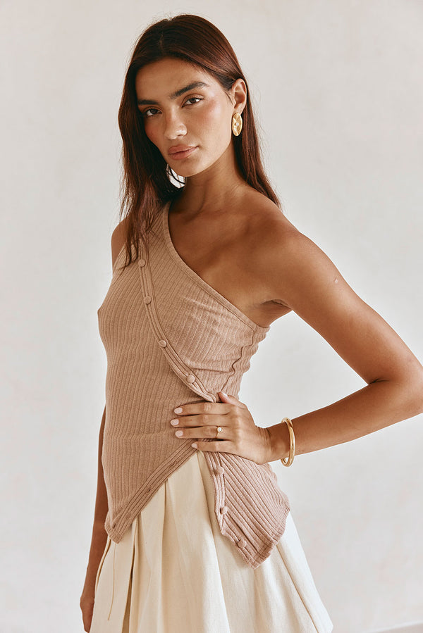 Tan One Shoulder Button Ribbed Ria Top