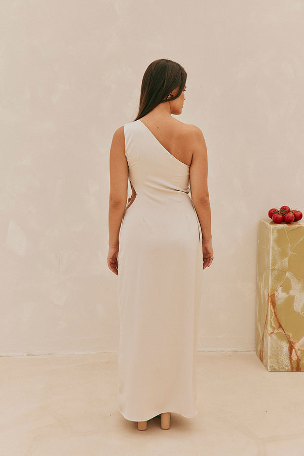 Beige Silky One Shoulder Tie Split Tavia Maxi Dress