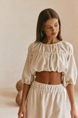 Beige Ruched Puff Sleeve Astra Crop Top