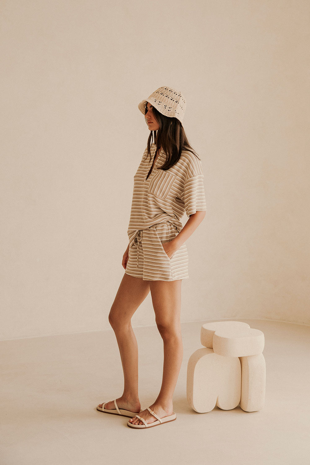 Tan Textured Short Sleeve Button Detail Rhi Top