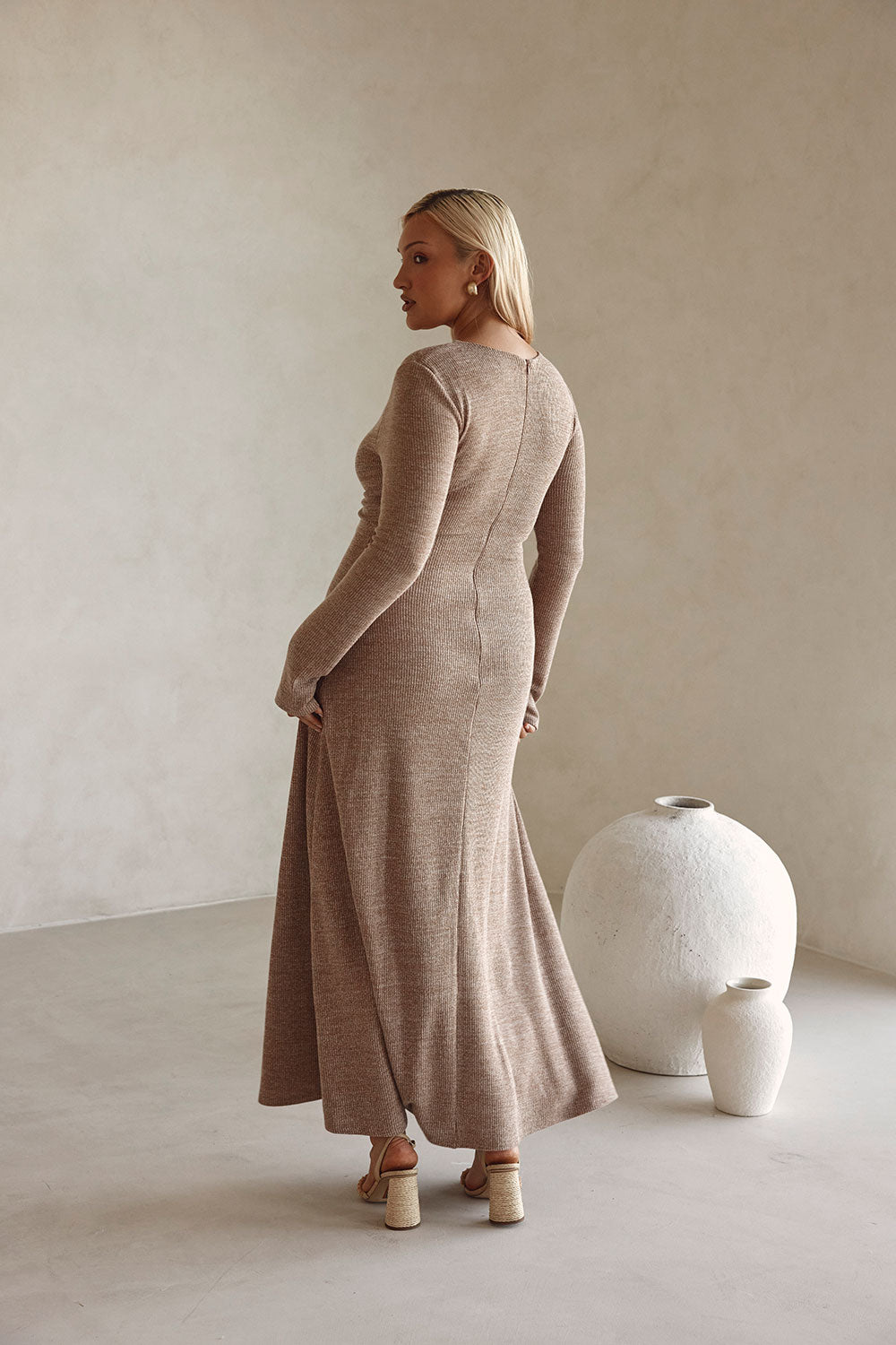 Tan Long Sleeve Cut Out V Neck Maxi Belora Dress