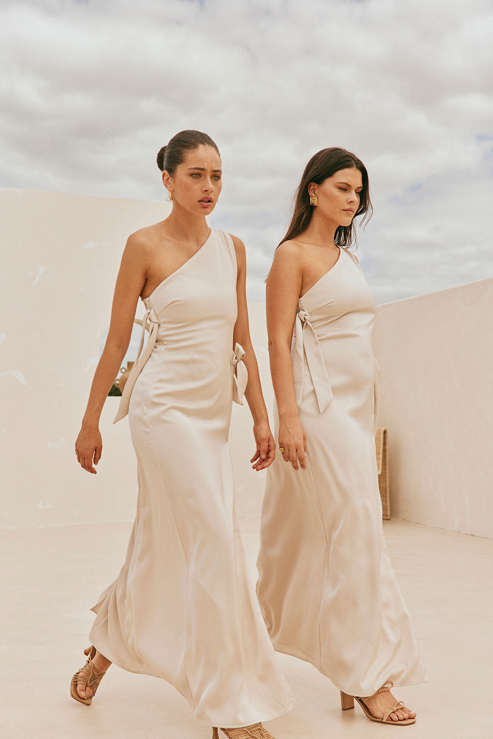 Beige Silky One Shoulder Tie Split Tavia Maxi Dress – SABO