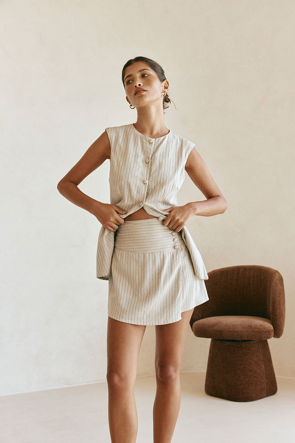 Beige Button Wrap Mini Zinnie Skirt