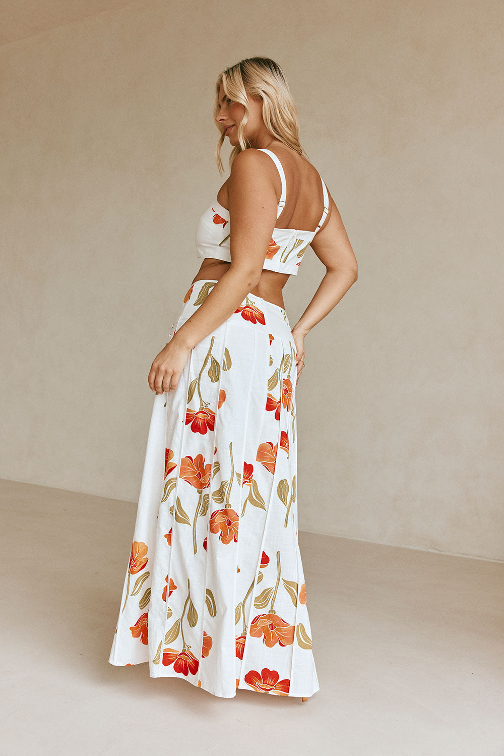 Estelle Crop Top - Red, Green, White, Orange Poppy Print