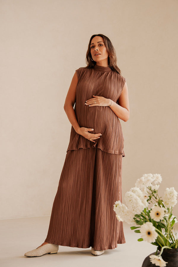 Brown Silky Pleat Turtleneck Catalyna Top