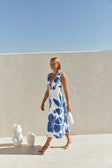 Blue Ada Flora Print V Neck A-Line Midi Mira Dress