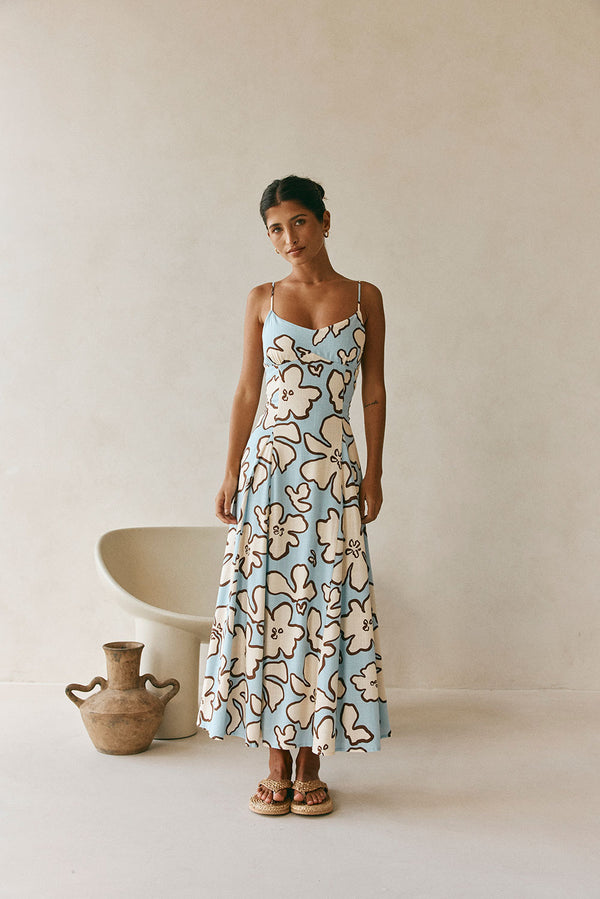 Blue Floral Adjustable Strappy Maxi Seme Dress