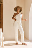 White Ribbed Knit Elastic Audri Pants