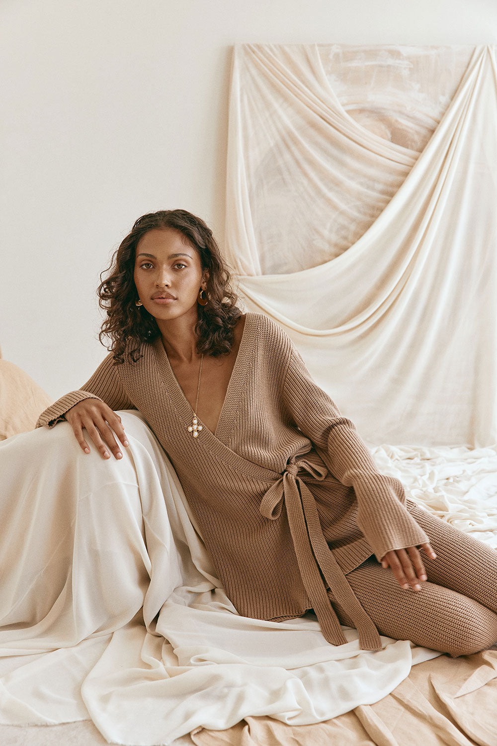 Tan Ribbed Knit Long Sleeve Wrap Anika Top – SABO