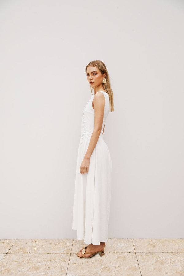 White Button Split Maxi Odessa Dress