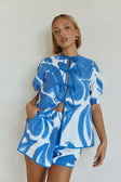 Blue Ada Flora Print Tie Puff Sleeve Pax Top