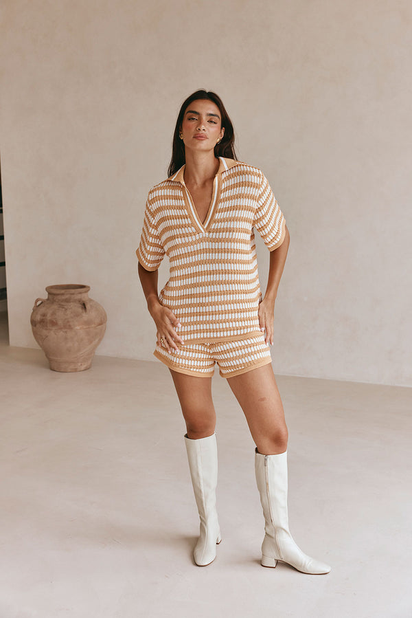 Orange Knit Short Sleeve Collar V Neck Josie Top