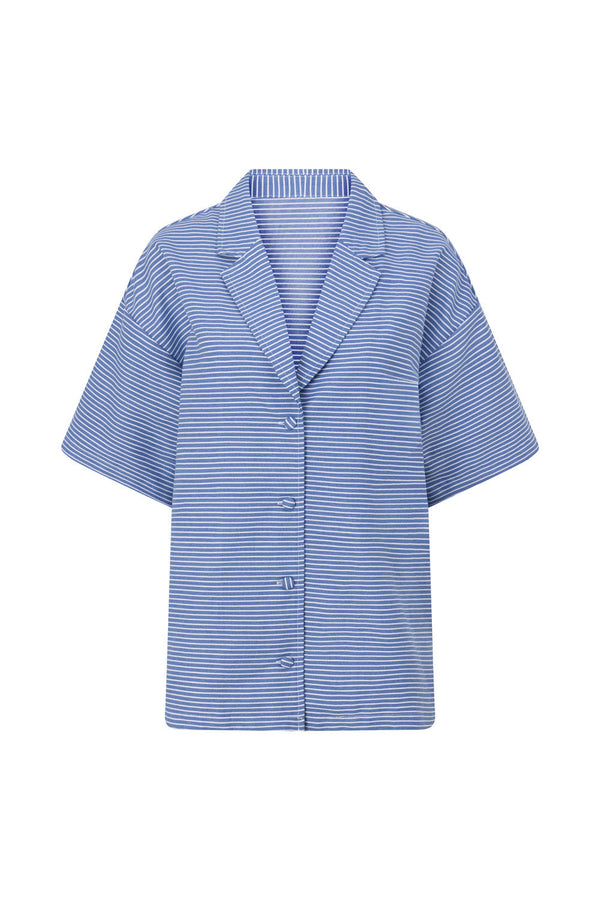 Blue Stripe Button Up Collar Short Sleeve Alyssia Top