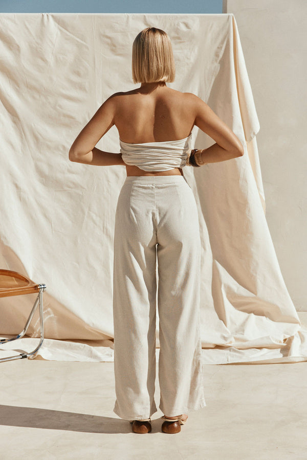 Beige Linen Blend Wide Leg Isa Trouser Pants