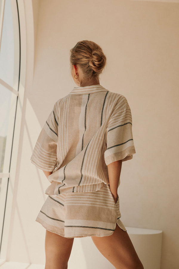 Beige Short Sleeve Button Up Collar Enza Top