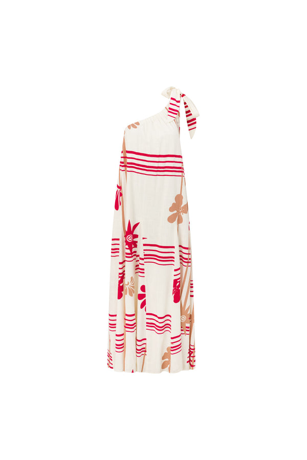 Cream Moana Red Print One Shoulder Maxi Avani Dress