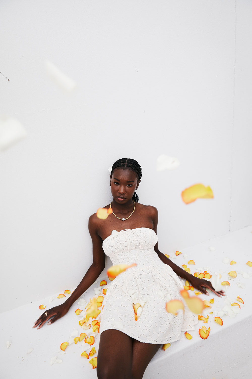 White Broderie Strapless Flouncy Mini Aura Dress